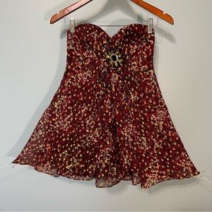 Bebe Womens Size XS Mini Dress Silk Metallic Blend Red Gold.